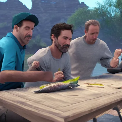 Image similar to a group of middle aged male men, eating fish, hyperrealistic, 4k, unreal engine