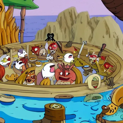 Image similar to The Pirate king dines on dragon hearts, surrounded by his court of puffins, who are cheering him on. A scene from adventure time. The feeling is Raucous and Joyful.
