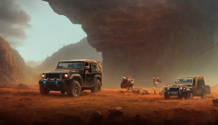 Prompt: Mahindra thar, tribe members watching nearby, an epic fantasy, dramatic lighting, cinematic, establishing shot, extremely high detail, photorealistic, cinematic lighting, artstation, by simon stalenhag, christopher nolan, horizon forbidden west