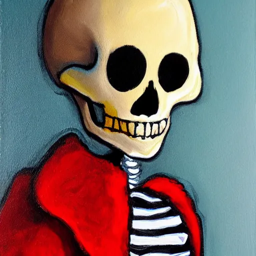 Prompt: smiling skeleton with puffy blue jacket, painting