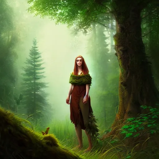 Image similar to a pretty female druid surrounded by forest animals, in the woods, hyper realistic, digital painting, photorealistic, in the style of greg rutkowski, highly detailed