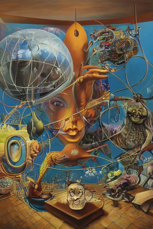 Image similar to surrealist painting full of subtle hints, mystic characters and misleading perspectives, ultrastation hq, 8 l, hyperrealistic, very highly detailed