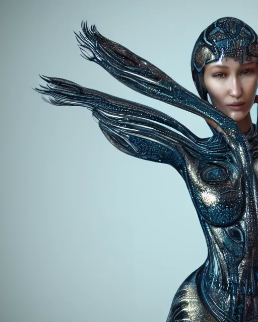 Image similar to a highly detailed metahuman 8 k close up render of bella hadid in iris van herpen dress in alex grey style trending on artstation made in unreal engine 4