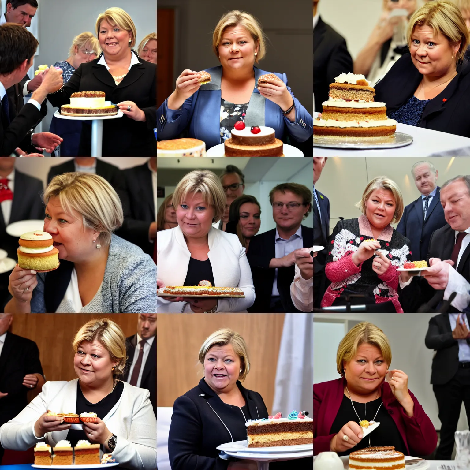 Prompt: norwegian prime minister Erna Solberg eating cake, 70mm Sony DSLR press conference photo