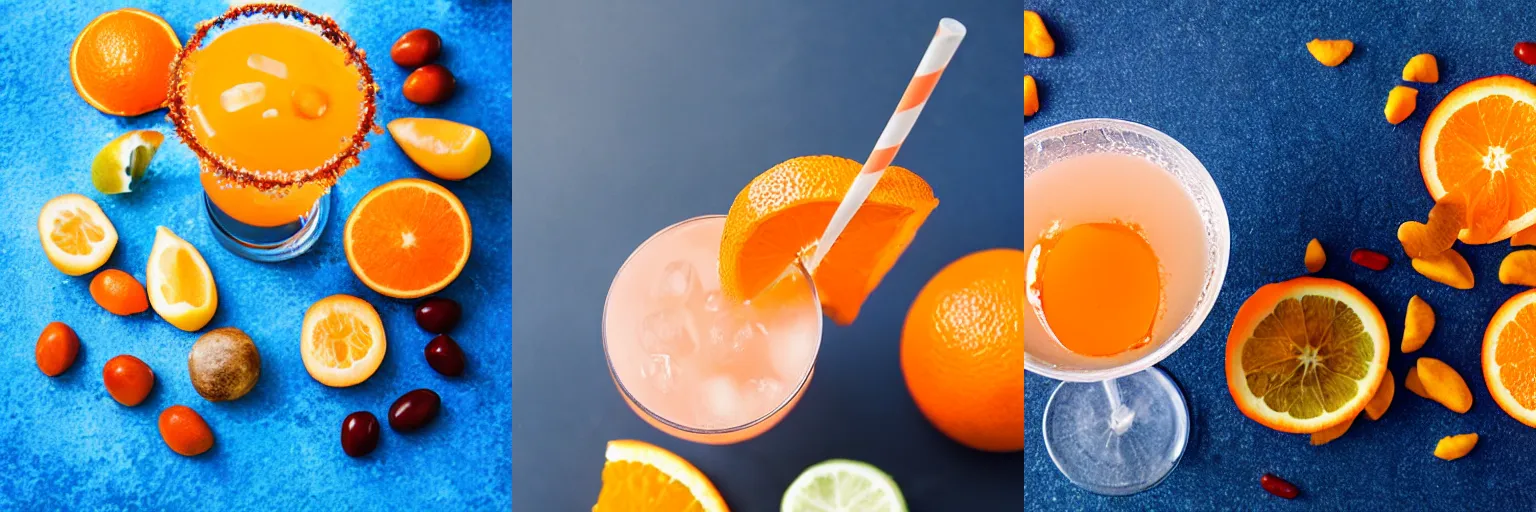 Prompt: Orange cocktail with snacks on then blue table, food photography