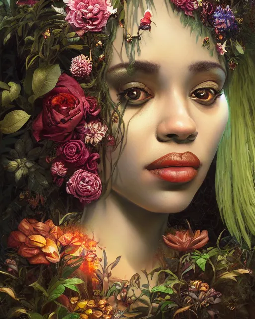 Image similar to portrait of the african queen of the underworld, surrounded by flowers by karol bak, james jean, tom bagshaw, rococo, sharp focus, trending on artstation, cinematic lighting, hyper realism, octane render, 8 k, hyper detailed.