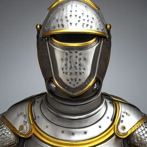 Image similar to bust portrait of a knight, silver, steel, ornate decoration, gold trim, octane, unreal 5