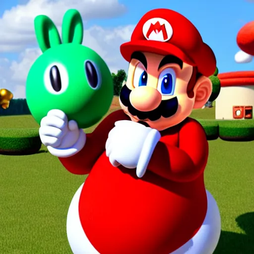 Image similar to real life big chungus dressed like mario, super mario with bunny ears, big chungus, fat bugs bunny, high resolution photo