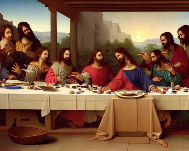 Prompt: beautiful glorious realistic oil painting of the last supper, jesus at center of the frame, baroque style by bouguereau, sunset, highly detailed and photorealistic, 8 k high detail and intricate