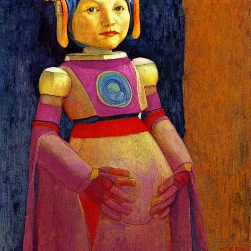 Image similar to the little robot queen in her regalia, by annie swynnerton and alayna danner and diego rivera and nicholas roerich, symbolist, dramatic lighting, elaborate geometric ornament, smooth, sharp focus, extremely detailed, adolf wolfli, soft pastel colors