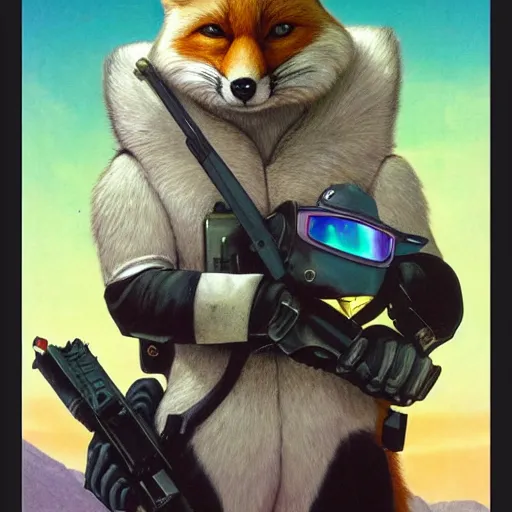 Image similar to a portrait of fox mccloud holding a blaster, suspenseful, heroic, anthropomorphic furry art, star fox, by jim burns, vincent di fate, and peter elson