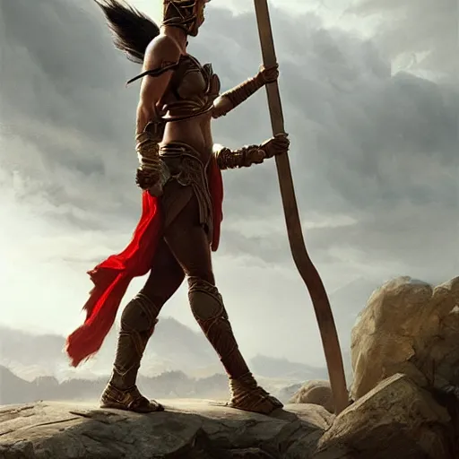 Prompt: a spartan woman wearing a cape and holding a spear in a arena, Matte painting , detailed painting, greg rutkowski