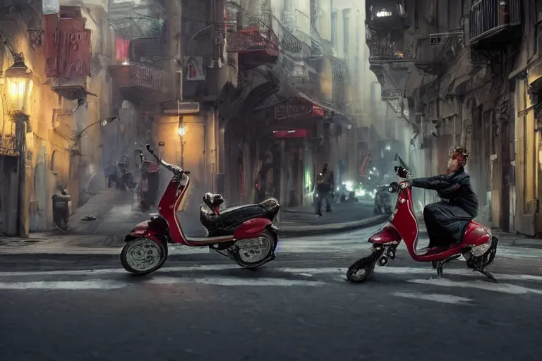 Image similar to moped scooter racing on the street, hyper realistic, very detailed, dramatic scene, realistic lighting, dark fantasy, 4 k, in the style of greg rutkowski