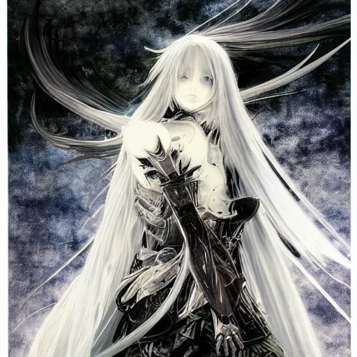 Image similar to yoshitaka amano blurred and dreamy realistic illustration of an anime girl with wavy white hair fluttering in the wind and cracks on her face wearing elden ring armour with the cape, abstract black and white patterns on the background, noisy film grain effect, highly detailed, renaissance oil painting, weird portrait angle