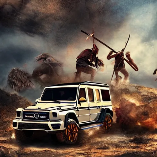 Image similar to g wagon, tribe members attacking, epic action scene, cinematic, digital art, 4k, hd, fantasy, art station