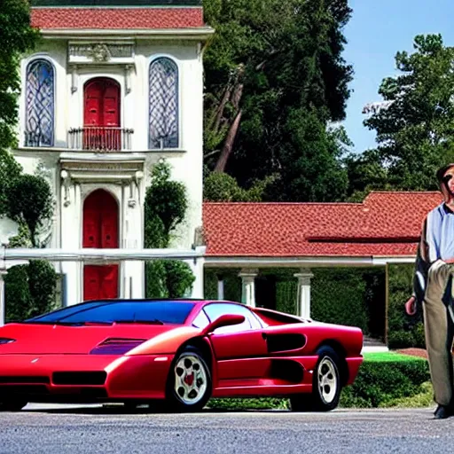 Prompt: red lamborghini diablo in front of an 8 0's mansion and al pacino in front of it very elegant and very realistic