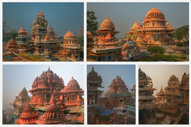 Image similar to high quality dreamscape! biomorphic new delhi, hanuman!! head building, kalighat, octane highly detailed cinematic, stephen shore & john j. park, soft morning light, wide shot, high angle, uhd 8 k, deep focus