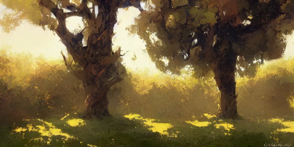 Image similar to digital art painting of a single tree in the middle of a front yard painted by craig mullins and gaston bussiere and greg rutkowski