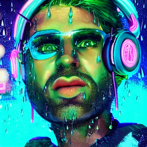 Prompt: splashes of neon, cartoon portrait made out of rain, trending on artstation, epic composition, emotional, beautiful, rendered in octane, unreal engine, highly detailed, realistic, galaxy background