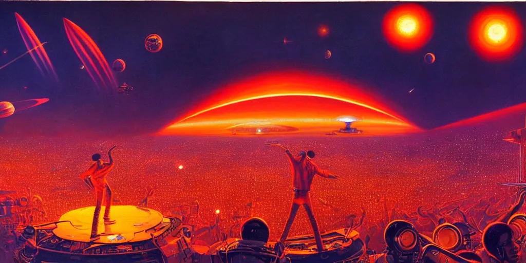 Prompt: a wide - angle detailed painting of wizkid performing on stage to millions of aliens while spaceships cover the orange - colored sky, by bruce pennington.