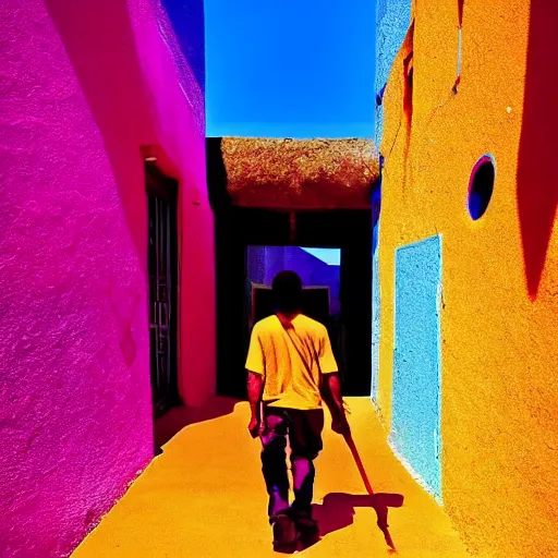 Prompt: A man walks to a portal to a new world, vibrant, colrful, vibrant colors, artsy