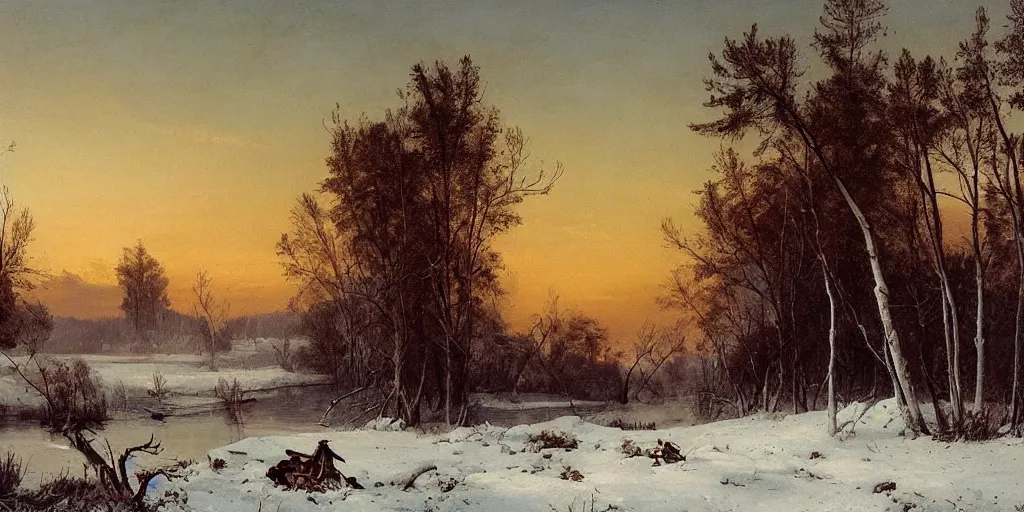 Prompt: winter landscape with a giant monster spider, faint sunrise, lush field, forest, frozen river, matte painting, by Isaac Levitan and Asher Brown Durand