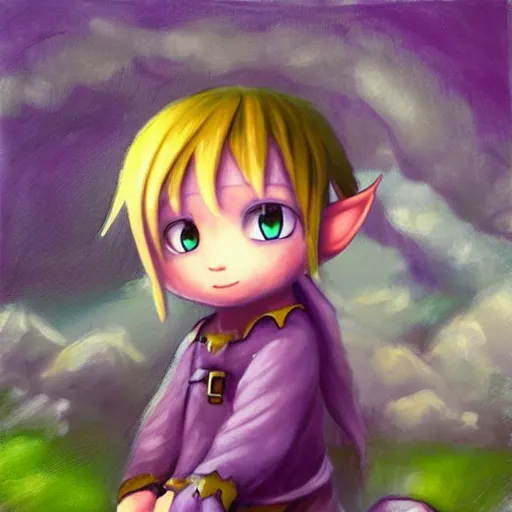 Image similar to little elf boy, purple tunic, blonde hair. light color palate, detailed soft painting, made in abyss art style, anatomically correct