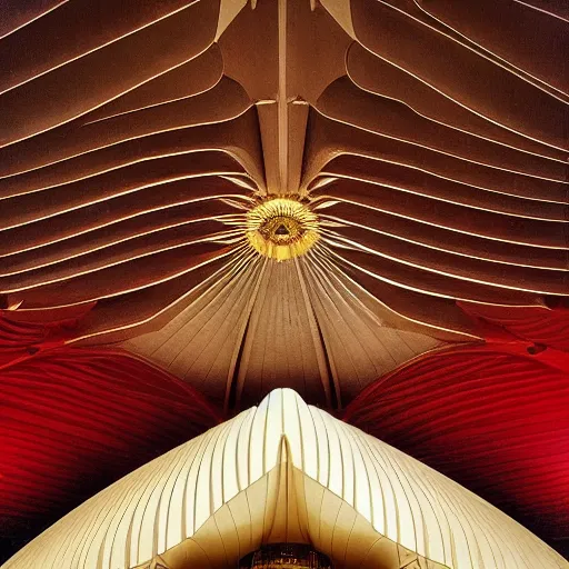 Prompt: looking up in the interior of a futuristic lotus temple with gold, red and white marble panels, in the desert, by buckminster fuller and syd mead, intricate contemporary architecture, photo journalism, photography, cinematic, national geographic photoshoot