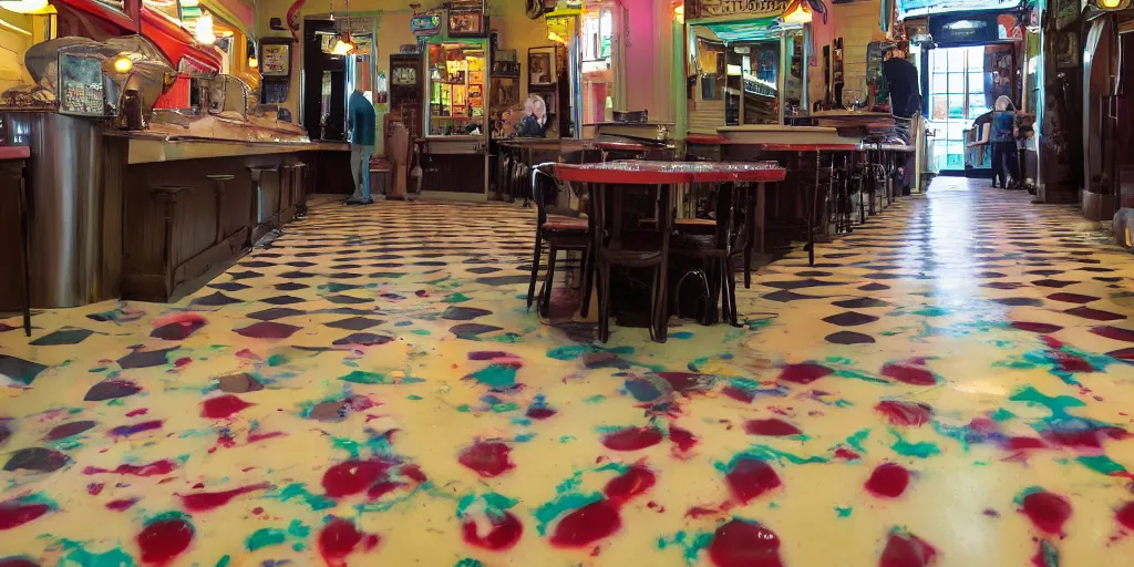 Prompt: inside a leaking freezer of melting ice cream cases is in an old fashioned ice cream parlor. the leak has made a big colorful puddle of melted ice cream on the floor and the puddle is reminiscent to the shape of werewolf fangs.