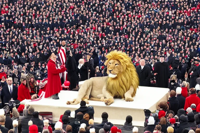 Image similar to photo of the usa presidential inauguration, a lion fursuiter being inaugurated as president