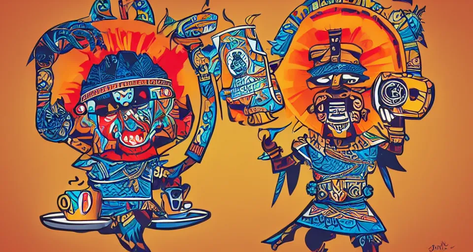 Image similar to an aztec sun god chibi character, holding a comically large cup of coffee, in the style of hownosm and james jean, ultimate collab, epic, digital art, 3 d, h 9 6 0
