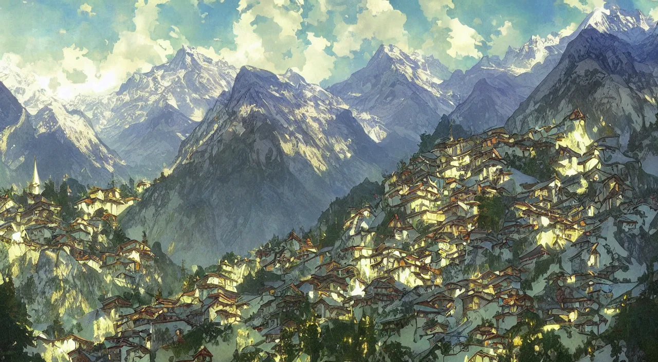 Prompt: A beautiful landscape painting of a small swiss mountain village by Alfons Maria Mucha and Julie Dillon and Makoto Shinkai