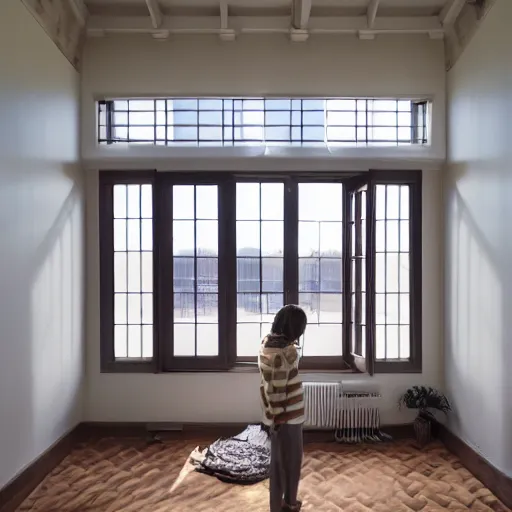 Image similar to person in pyjamas standing near window, turned back to camera, cinematography, sun rays, daylight, big french door window, big spatious room, carpet at the floor, wide shot 2 4 mm, anamorphic shot lens, walls at left and right sides, window at the center, wooden floor, modern, winter sun, photorealistic, high ceiling