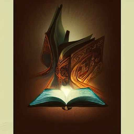 Image similar to light falling on a mythical book in dark background, dark color scheme, artstation