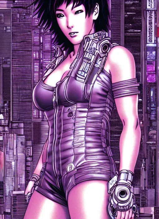 Image similar to motoko kusanagi in grungy cyberpunk megacity, intricate and finely detailed, cyberpunk vaporwave, portrait by j scott campbell