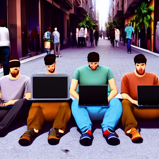 Prompt: a group of realistic bums on street using laptops with blender 3 d logotype on laptop, highly detailed, intricate, sharp focus, digital art, 8 k