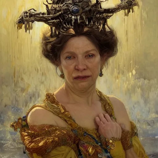 Image similar to highly detailed portrait of a majestic queen in the form of an old woman. d & d. art by donato giancola, eugene delacroix, ruan jia, carl larsson, peter mohrbacher. trending on artstation, intricate details, energetic composition, golden ratio, concept art, illustration, elegant art, global illuminaition