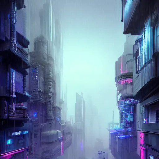 Prompt: ghostpunk futuristic city view by eddie mendoza and greg rutkowsi, purple glow, rain, foggy, dark, moody, volumetric lighting, abandoned, 8 k