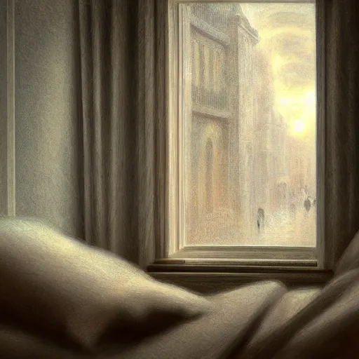 Image similar to on a rainy day, someone in home sits in bed, curled up under the covers, looking out the window, cinematic, artstation, extremely detailed, intricate, cinematic lighting, art by pierre - auguste renoir