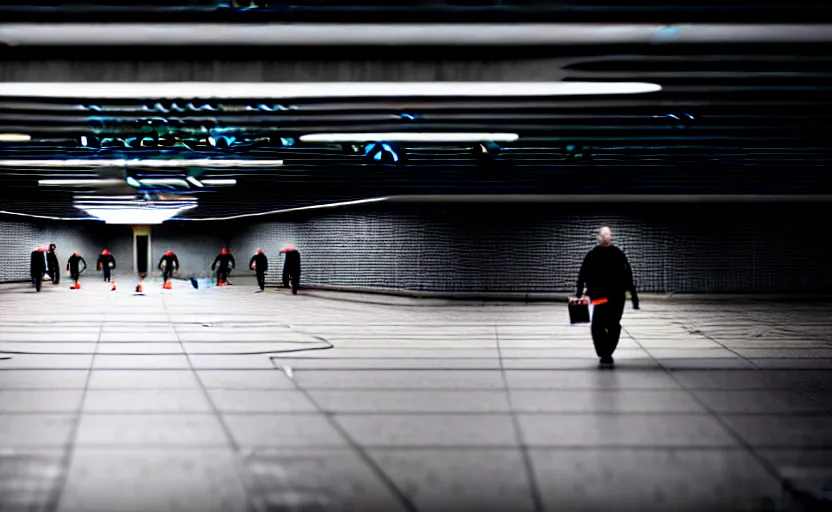 Image similar to Black quadcopters swarm the wide hallways in a futuristic prison underground with brutalist architecture, staff can be seen carrying black duffel bags, sigma 85mm f/1.4, 4k, depth of field, high resolution, 4k, 8k, hd, full color