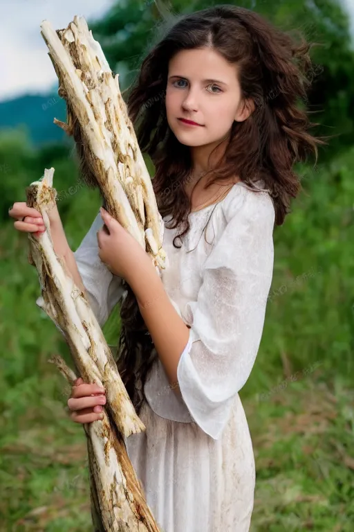 Image similar to a middle-school girl with unkempt wavy short brown hair wearing a white dress and holding a bundle of firewood, high resolution film still, 8k, HDR color, short hair, round face, dimples, beautiful gazing eyes