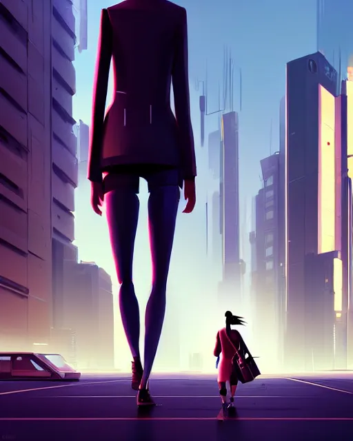 Image similar to a woman walking down a street next to tall buildings, cyberpunk art by goro fujita, cgsociety, photorealism, speedpainting, artstation hq, artstation hd