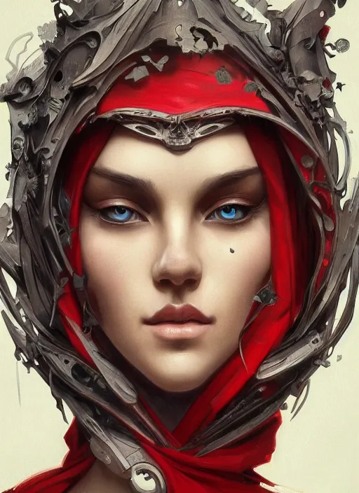 Prompt: symmetry!! red riding hood, machine parts embedded into face, intricate, elegant, highly detailed, digital painting, artstation, concept art, smooth, sharp focus, illustration, art by artgerm and greg rutkowski and alphonse mucha, 8 k