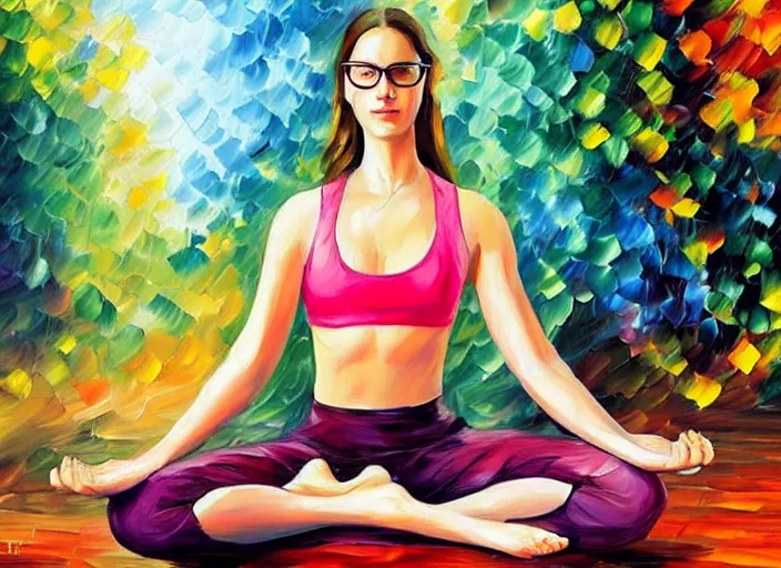 Prompt: a photograph of a girl with glasses doing yoga by leonid afremov