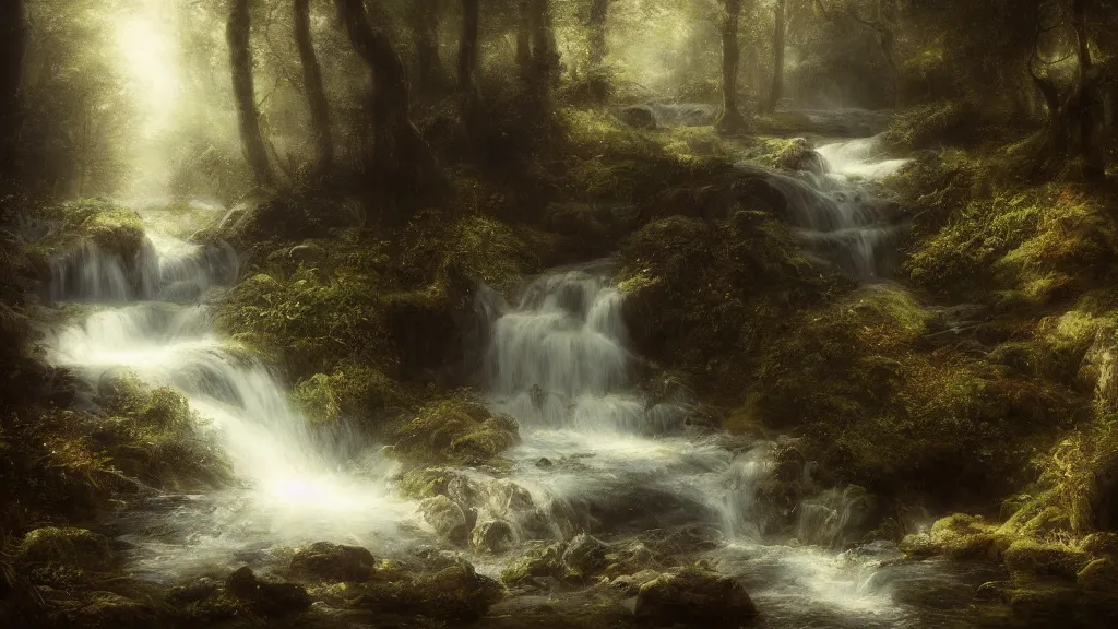 Image similar to a tiny waterfall in the dark forest. andreas achenbach, artgerm, mikko lagerstedt, zack snyder, tokujin yoshioka