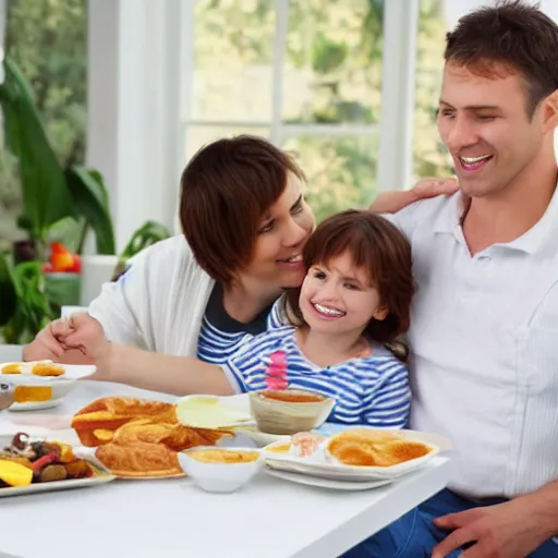 Prompt: stock photo of a perfectly normal happy family eating breakfast