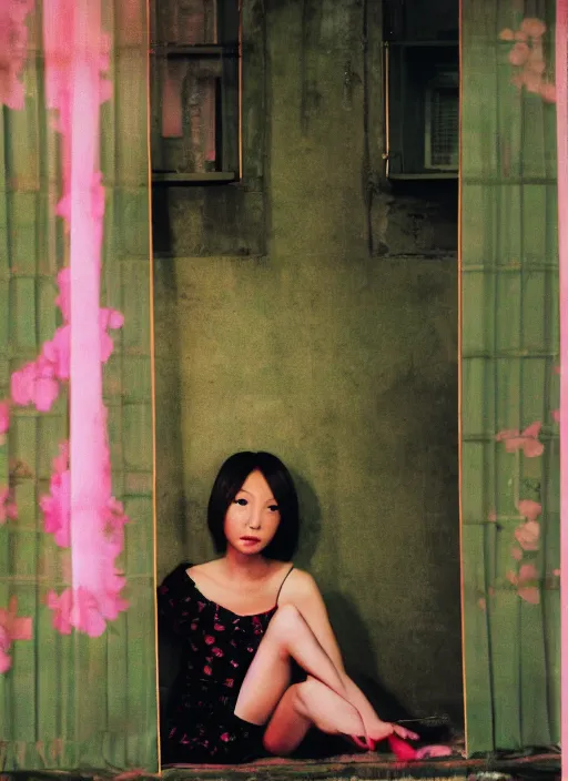 Prompt: photography girl looking sitting next to window by mika ninagawa