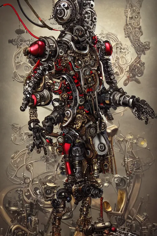 Prompt: full body portrait of a steampunk sci-fi cyborg pirate bionic man, third person, D&D, sci-fi fantasy, cogs and springs and jewels, intricate, gold with black and red fringe highlights, highly detailed, art by Range Murata, highly detailed, 3d, octane render, bright colors, digital painting, trending on artstation, sharp focus, illustration style of Stanley Artgerm, dramatic background in a cinematic style