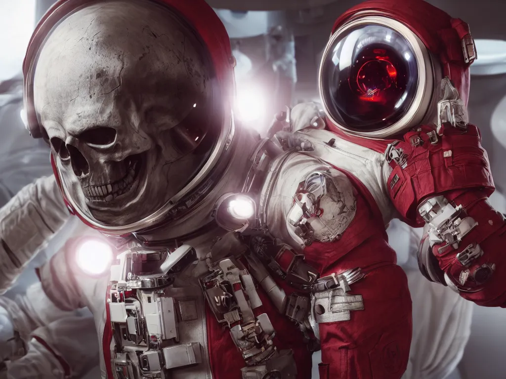 Image similar to ornate red skull in astronaut suit, gold linens, cinematic lighting, dramatic, octane render, long lens, shallow depth of field, bokeh, anamorphic lens flare, 8k, hyper detailed, 35mm film grain