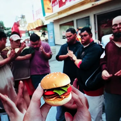 Prompt: people pray behind a hamburger god